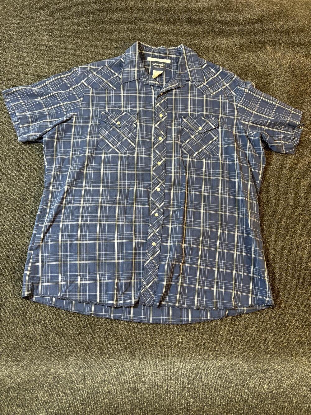 Wrangler Shirt Mens 2XLT Blue Plaid Short Sleeve Western Snap 76932PP Pockets